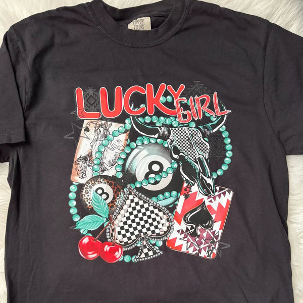 Lucky Girl Western Collage Graphic Tee | Retro Vegas Wild Cards Design | Comfort Colors - The Stenciled Barn