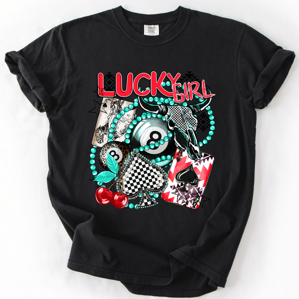 Lucky Girl Western Collage Graphic Tee | Retro Vegas Wild Cards Design | Comfort Colors - The Stenciled Barn