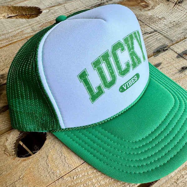 Lucky Vibes Trucker Hat | St. Patty’s Day Irish Theme Snapback Cap - The Stenciled Barn