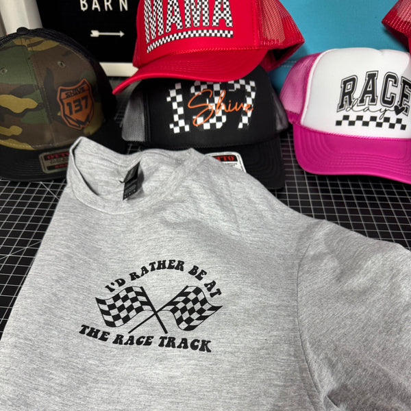 I'd Rather Be At The Track Checkered Pattern Moto Graphic Tee - Unisex Heather Gray - The Stenciled Barn