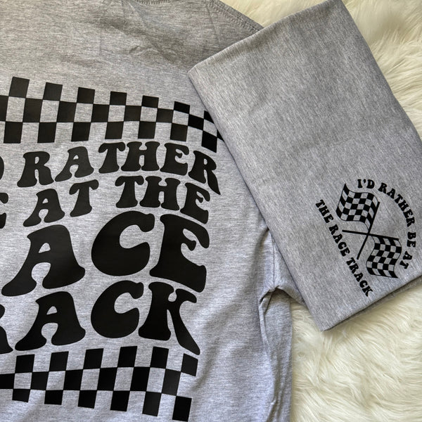 I'd Rather Be At The Track Checkered Pattern Moto Graphic Tee - Unisex Heather Gray - The Stenciled Barn