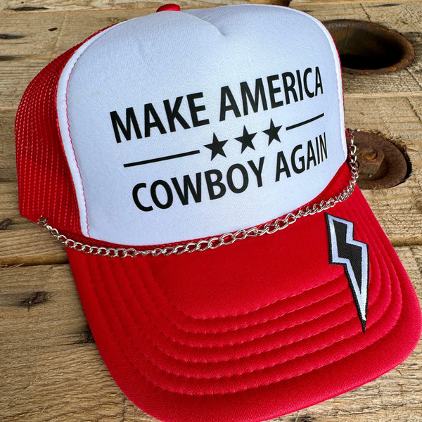 Make America Cowboy Again Trucker Hat | Trendy Snapback Cap with Metal Chain - The Stenciled Barn