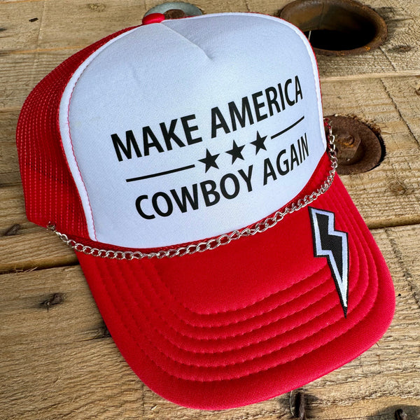 Make America Cowboy Again Trucker Hat | Trendy Snapback Cap with Metal Chain - The Stenciled Barn