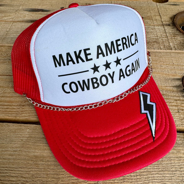 Make America Cowboy Again Trucker Hat | Trendy Snapback Cap with Metal Chain - The Stenciled Barn