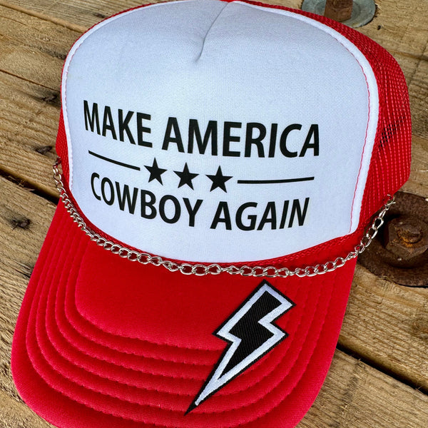 Make America Cowboy Again Trucker Hat | Trendy Snapback Cap with Metal Chain - The Stenciled Barn