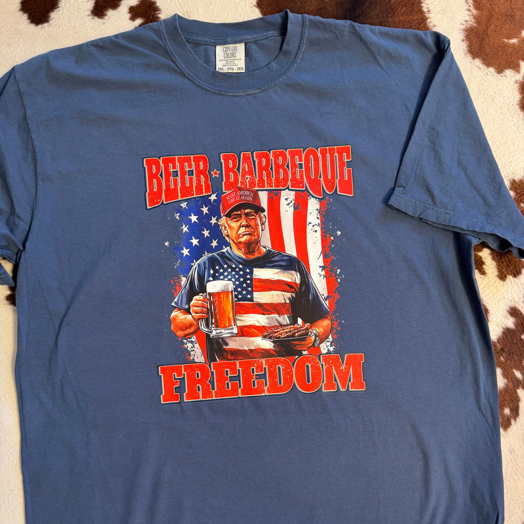 Trump Beer BBQ Freedom Tee | Men’s Patriotic 4th of July Shirt (Comfort Colors Midnight Blue) - The Stenciled Barn