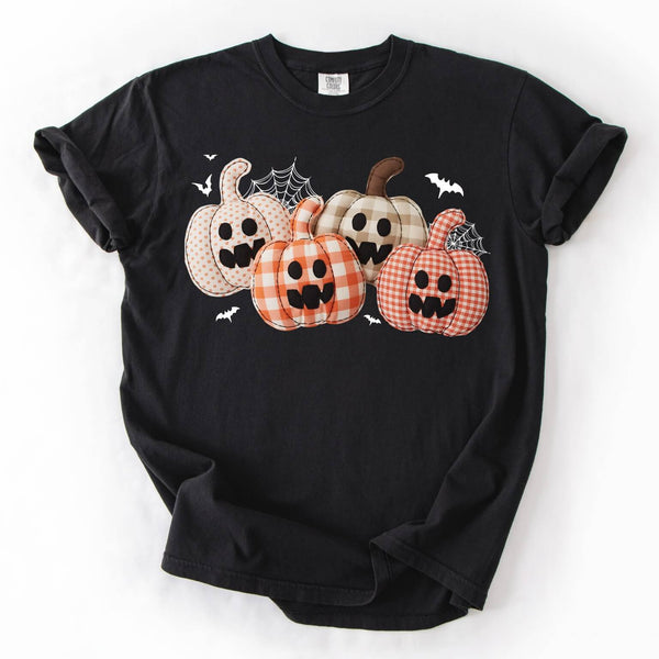 Black Comfort Colors Halloween shirt with gingham pumpkin faces graphic