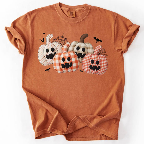Comfort Colors orange tee with patchwork jack-o-lantern pumpkins design