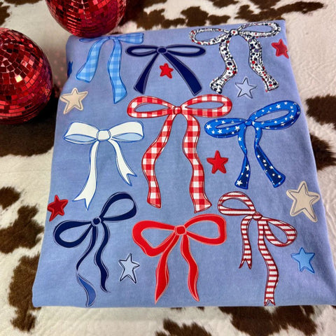 Patriotic Coquette Ribbons Graphic Tee – Washed Denim Comfort Colors 4th of July Shirt - The Stenciled Barn