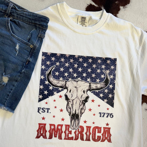 America Cow Skull Tee | Western Patriotic Shirt | Comfort Colors White - The Stenciled Barn