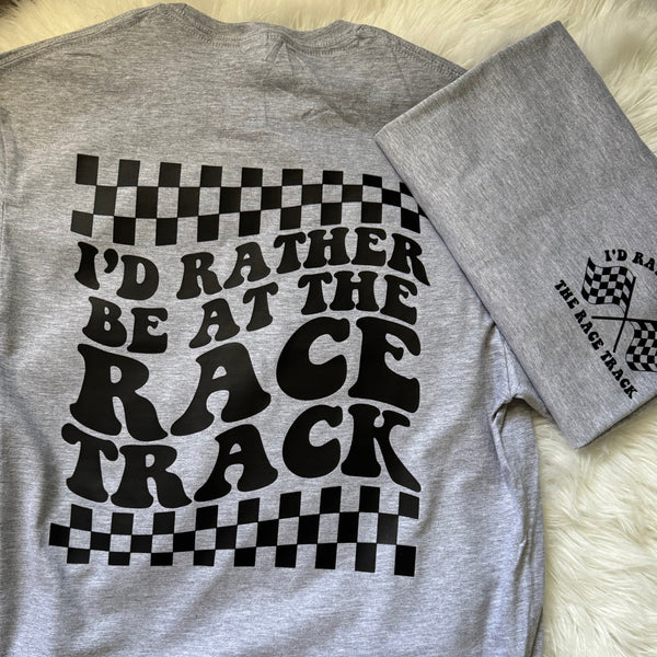 I'd Rather Be At The Track Checkered Pattern Moto Graphic Tee - Unisex Heather Gray - The Stenciled Barn