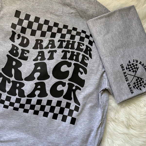 I'd Rather Be At The Track Checkered Pattern Moto Graphic Tee - Unisex Heather Gray - The Stenciled Barn