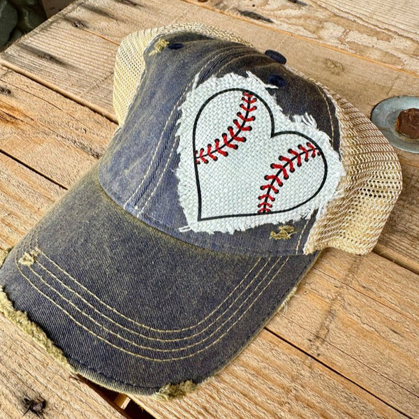 Baseball Heart Patch Hat | Game Day Distressed Trucker Cap for Women - The Stenciled Barn