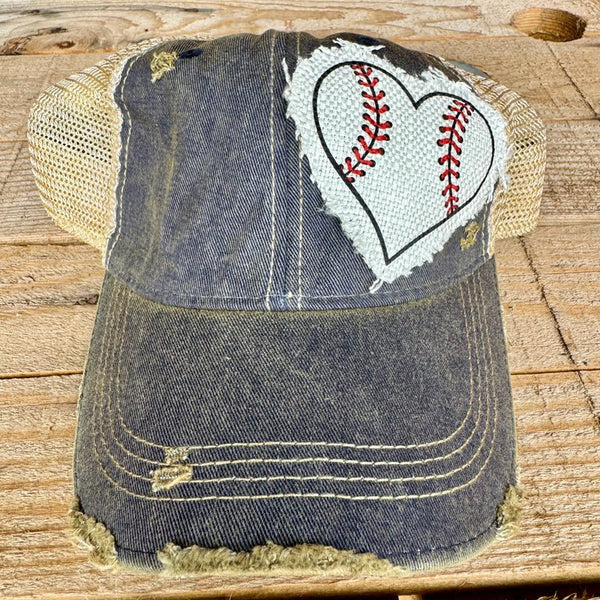 Baseball Heart Patch Hat | Game Day Distressed Trucker Cap for Women - The Stenciled Barn