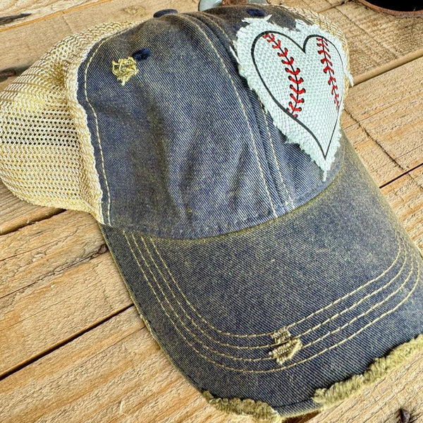 Baseball Heart Patch Hat | Game Day Distressed Trucker Cap for Women - The Stenciled Barn
