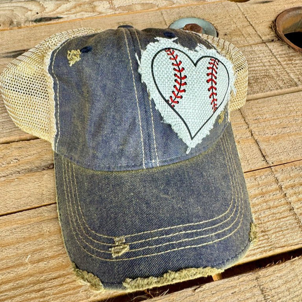 Baseball Heart Patch Hat | Game Day Distressed Trucker Cap for Women - The Stenciled Barn