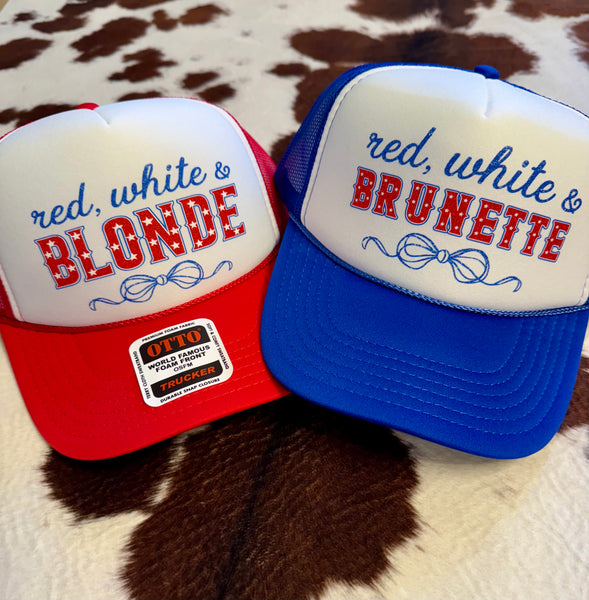 Red White & Brunette Trucker Hat – Coquette 4th of July Foam Cap (Otto Brand) - The Stenciled Barn