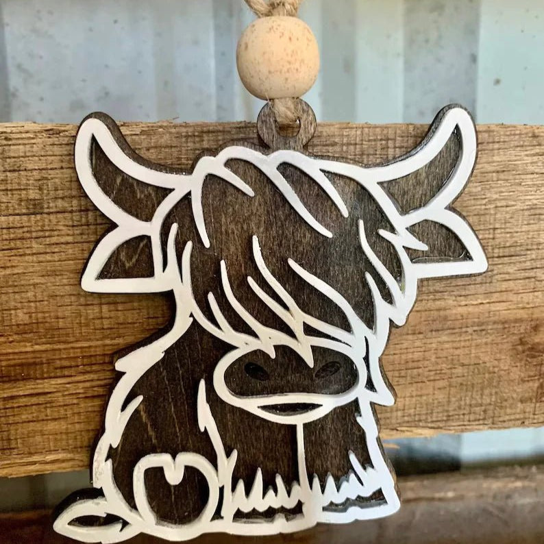 Rustic Wooden Highland Cow Ornament | Farmhouse Hanging Decor & Christmas Keepsake - The Stenciled Barn