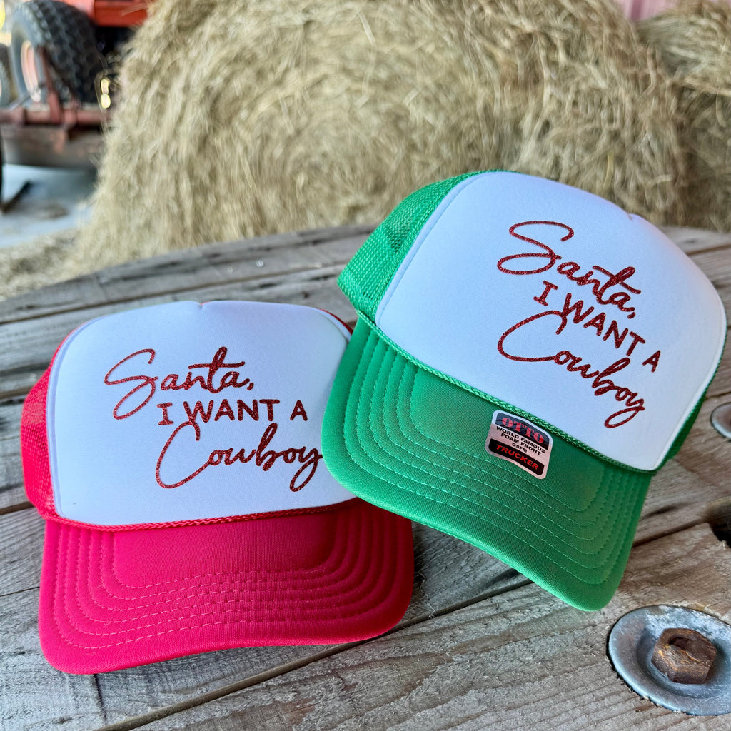 Santa I Want a Cowboy Trucker Hat | Punchy Country Christmas Hat for Women | Trendy Western Holiday Cap - The Stenciled Barn