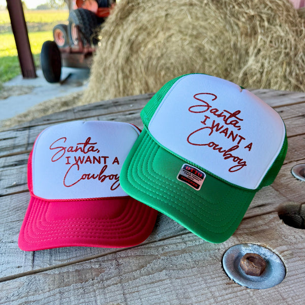 Santa I Want a Cowboy Trucker Hat | Punchy Country Christmas Hat for Women | Trendy Western Holiday Cap - The Stenciled Barn