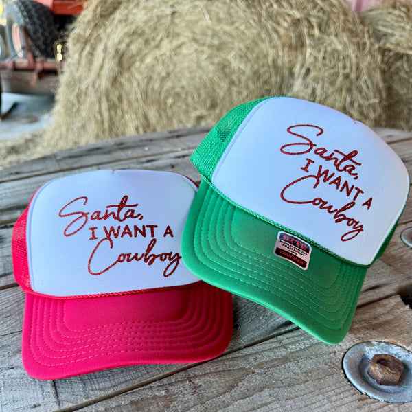 Santa I Want a Cowboy Trucker Hat | Punchy Country Christmas Hat for Women | Trendy Western Holiday Cap - The Stenciled Barn