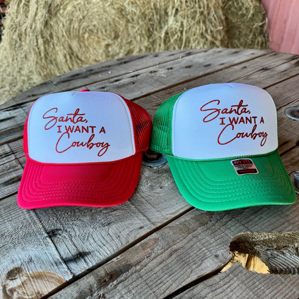 Santa I Want a Cowboy Trucker Hat | Punchy Country Christmas Hat for Women | Trendy Western Holiday Cap - The Stenciled Barn