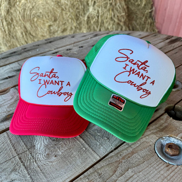 Santa I Want a Cowboy Trucker Hat | Punchy Country Christmas Hat for Women | Trendy Western Holiday Cap - The Stenciled Barn
