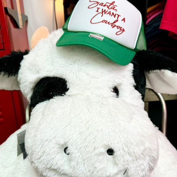 Santa I Want a Cowboy Trucker Hat | Punchy Country Christmas Hat for Women | Trendy Western Holiday Cap - The Stenciled Barn