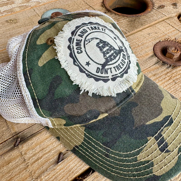 Second Amendment Hat | Don’t Tread On Me Distressed Cap | Patriotic Gun Rights Trucker Hat - The Stenciled Barn