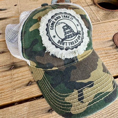 Second Amendment Hat | Don’t Tread On Me Distressed Cap | Patriotic Gun Rights Trucker Hat - The Stenciled Barn