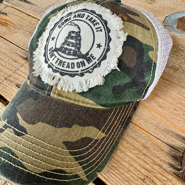 Second Amendment Hat | Don’t Tread On Me Distressed Cap | Patriotic Gun Rights Trucker Hat - The Stenciled Barn