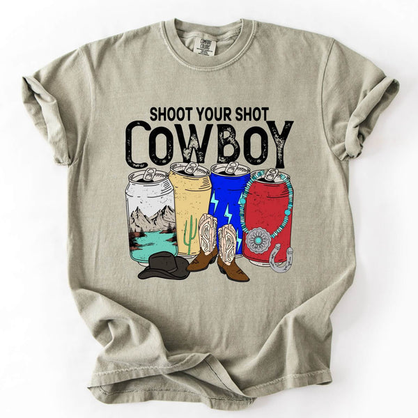 Comfort Colors Sandstone Tee with "Shoot Your Shot Cowboy" and western soda can design – women's western graphic t-shirt