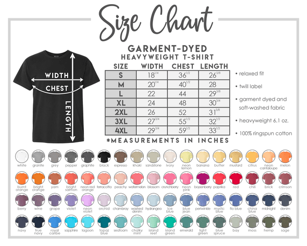 Size chart for garment-dyed heavyweight t-shirts with color swatches.