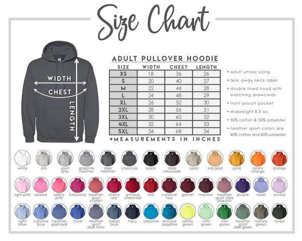 Size Chart & Color Options Adult Hoodie with Drawstring