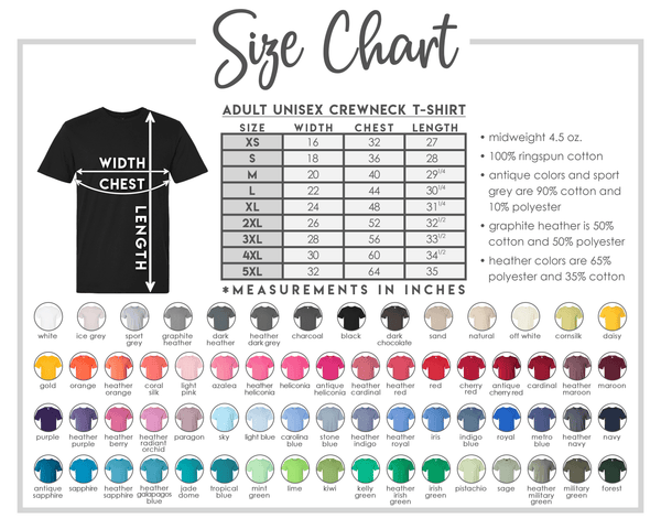 Size chart for adult unisex crewneck t-shirts with color swatches below.