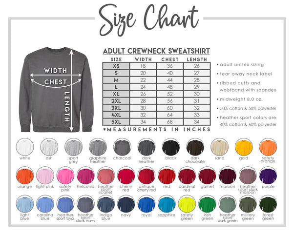Adult Sweatshirt Size Chart with Color Options Crew Neck Style