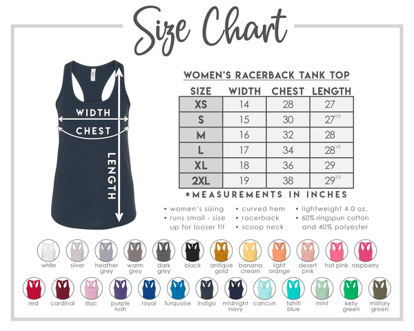Size chart for women's racerback tank tops with color options displayed below.