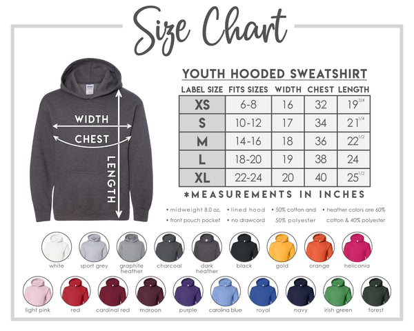 Size Chart & Color Options Youth Hoodie with Drawstring