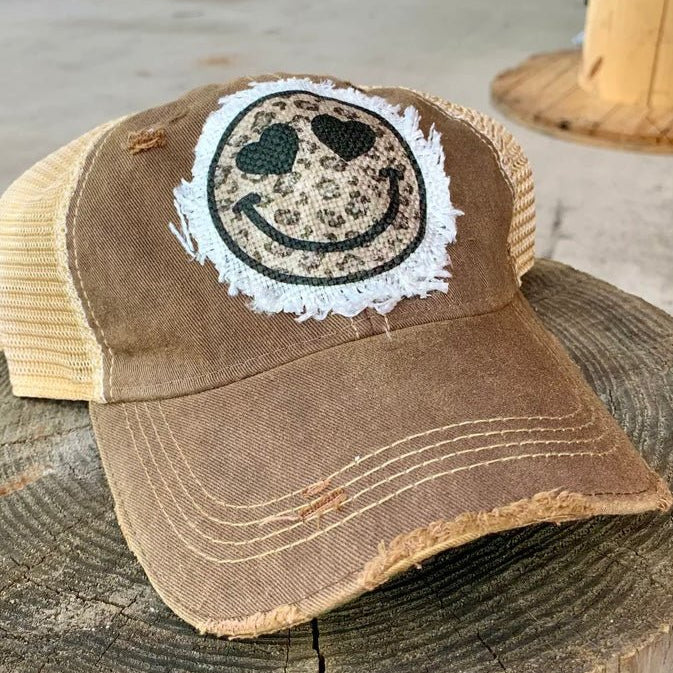 Smile Face Hat | Leopard Print Raggy Patch Distressed Trucker Cap - The Stenciled Barn