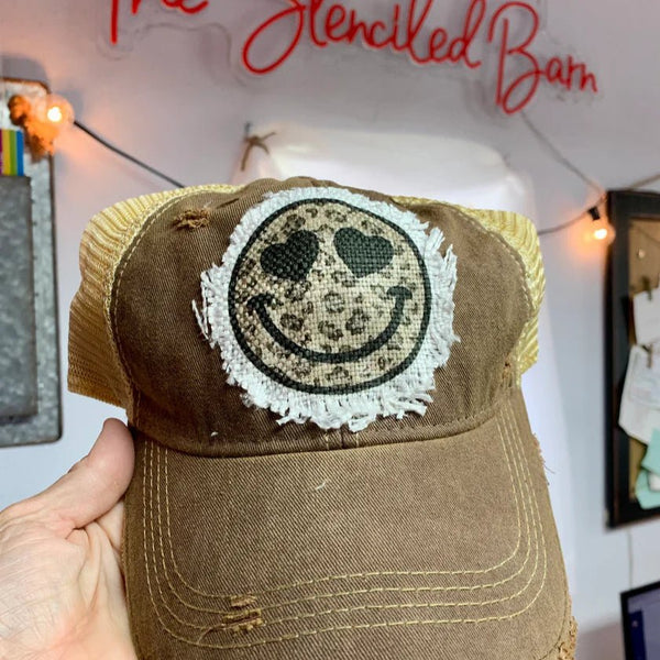 Smile Face Hat | Leopard Print Raggy Patch Distressed Trucker Cap - The Stenciled Barn