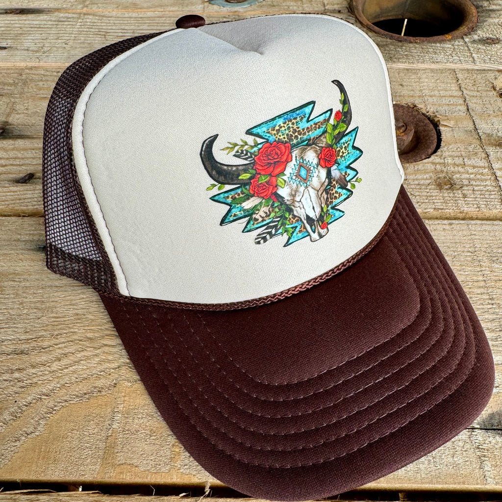 Southwestern Boho Trucker Hat | Western Floral Cow Skull Snapback Cap - The Stenciled Barn
