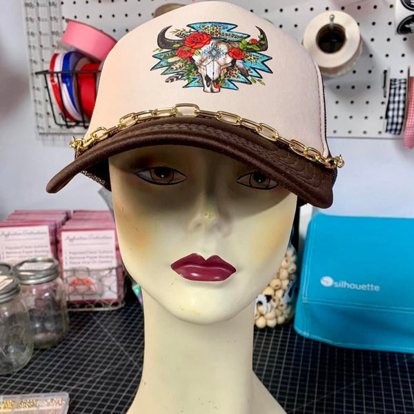 Southwestern Boho Trucker Hat | Western Floral Cow Skull Snapback Cap - The Stenciled Barn