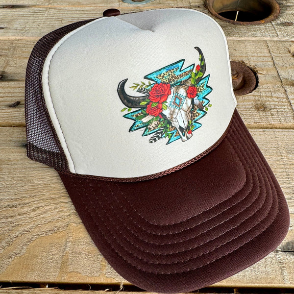 Southwestern Boho Trucker Hat | Western Floral Cow Skull Snapback Cap - The Stenciled Barn