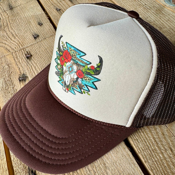 Southwestern Boho Trucker Hat | Western Floral Cow Skull Snapback Cap - The Stenciled Barn