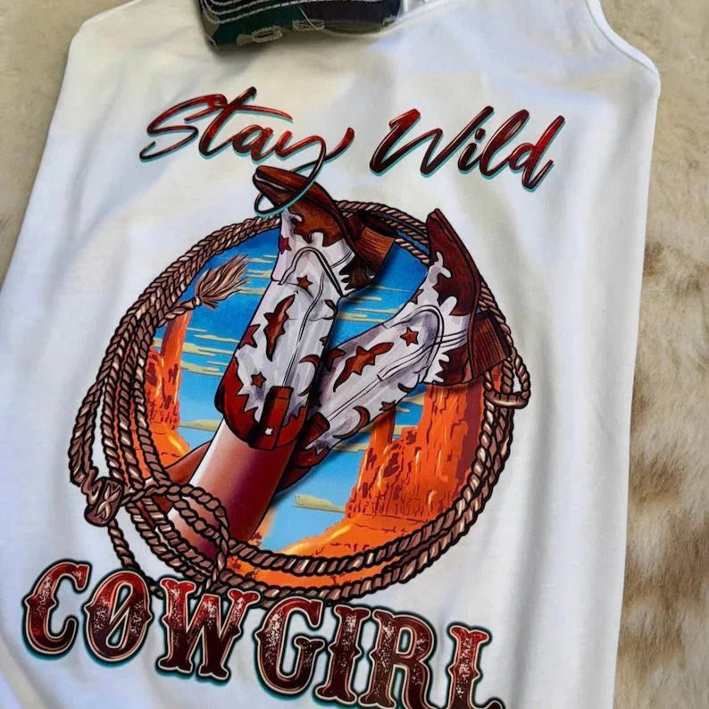 Stay Wild Cowgirl Tank Top | Western Racerback Fashion | Country Graphic Tee - The Stenciled Barn