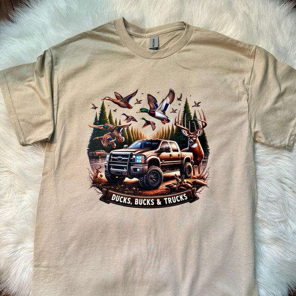Ducks, Bucks & Trucks Hunting Graphic Tee | Southern Guy Fashion | Unisex Softstyle Cotton - The Stenciled Barn