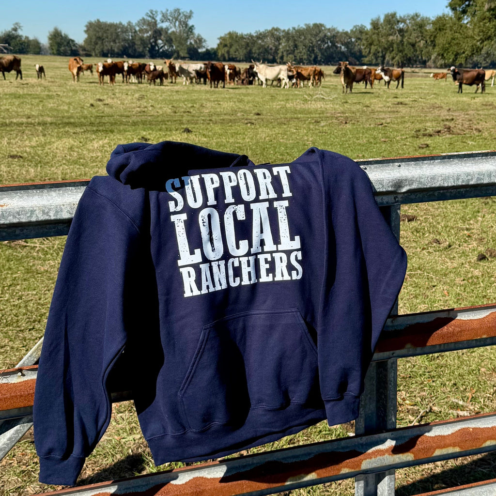 Support Local Ranchers Hoodie | Fleece Lined Winter Top | Unisex Western Inspired Apparel - The Stenciled Barn