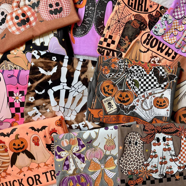 Collage of Halloween-themed graphic t-shirts with various designs.