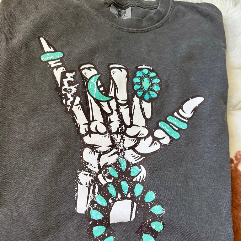 Turquoise Skelly Hand Western Graphic Tee | Comfort Colors Pepper | Unisex Cowgirl Shirt - The Stenciled Barn