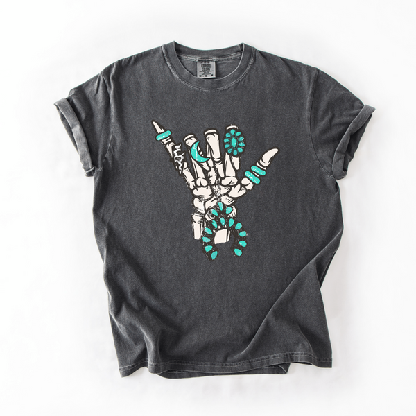 Turquoise Skelly Hand Western Graphic Tee | Comfort Colors Pepper | Unisex Cowgirl Shirt - The Stenciled Barn